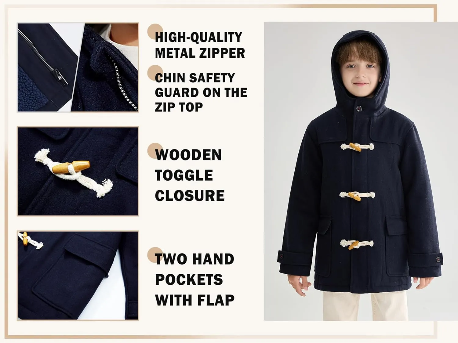 maoo garden Boys Winter Wool Coat Dress Peacoat Kids Heavy Sherpa Jacket Hooded Warm Thicken Windproof Overcoats