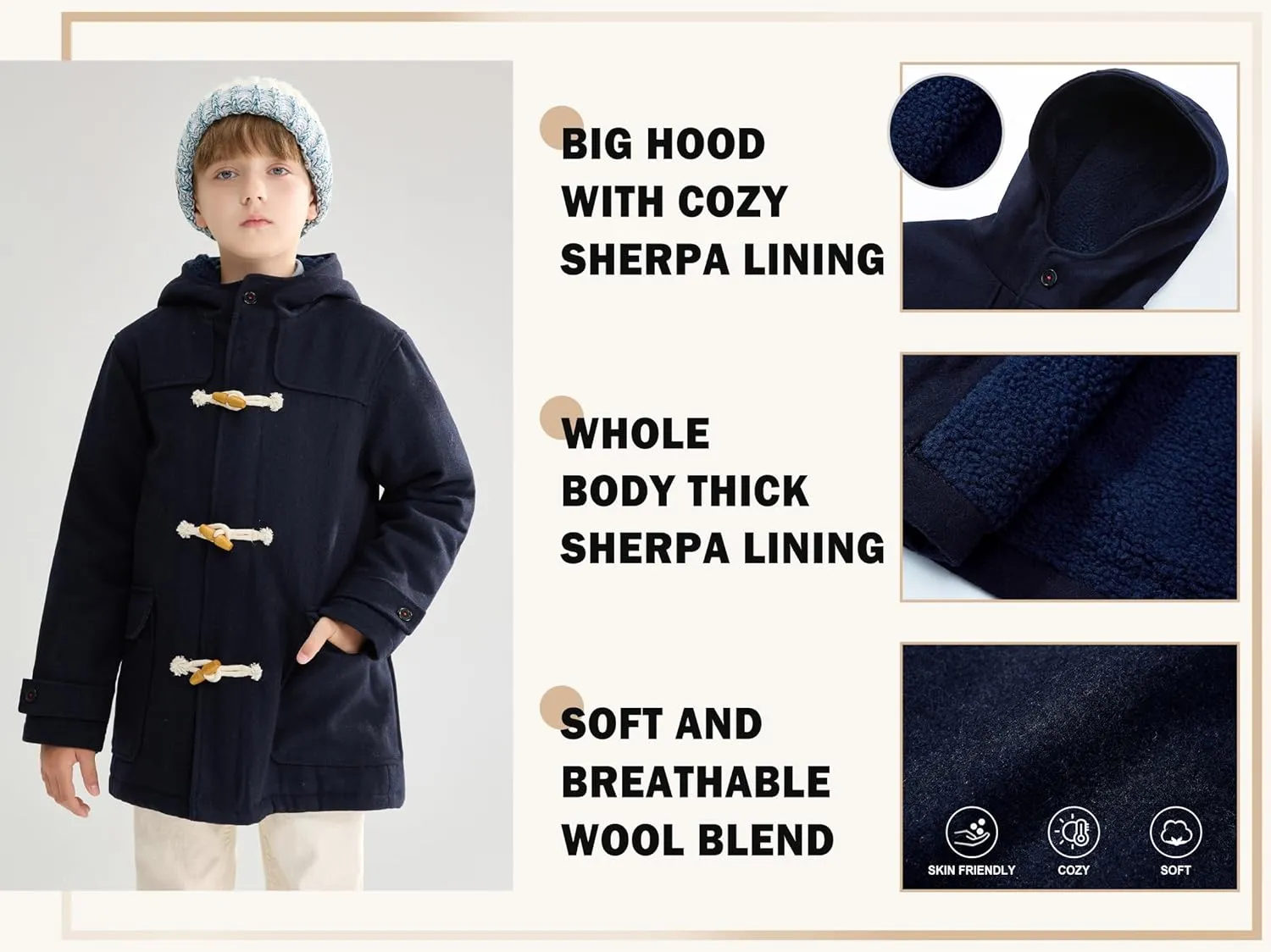 maoo garden Boys Winter Wool Coat Dress Peacoat Kids Heavy Sherpa Jacket Hooded Warm Thicken Windproof Overcoats
