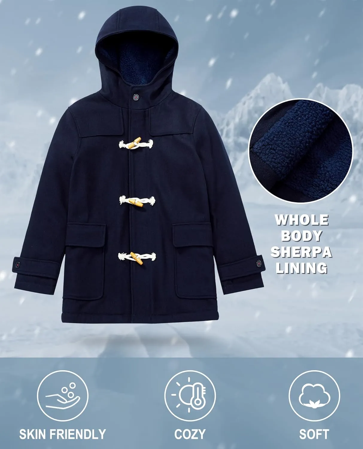 maoo garden Boys Winter Wool Coat Dress Peacoat Kids Heavy Sherpa Jacket Hooded Warm Thicken Windproof Overcoats