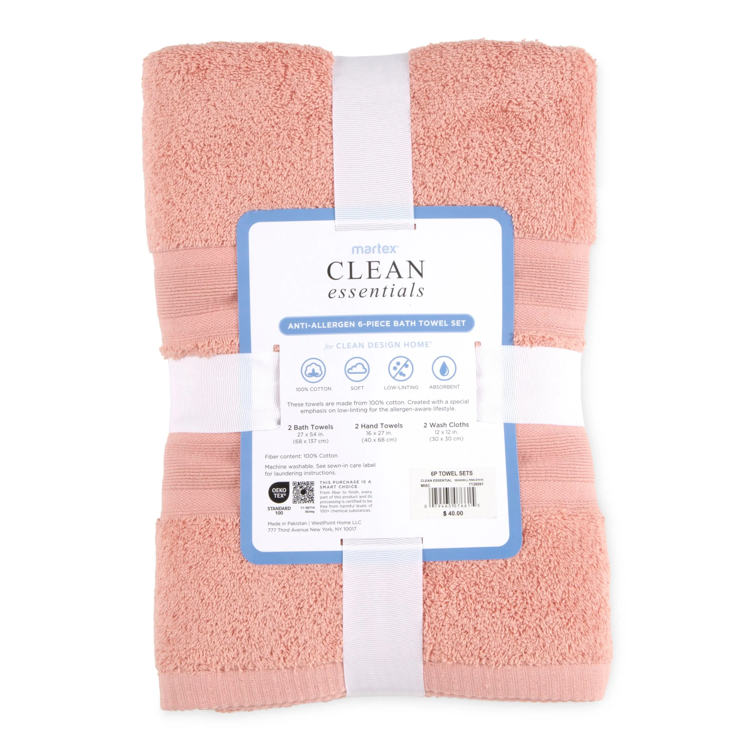 Martex Clean Essentials Solid Low Lint 6-Pack Towel Set
