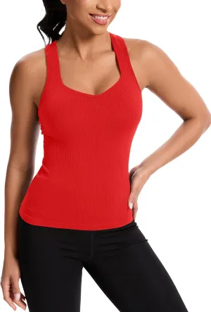 MathCat Women's Workout Tank Top with Built-in Bra, Slight V-Neck Racerback Sports Shirt, Breathable Athletic Camisole