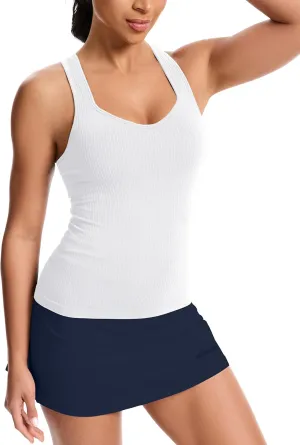 MathCat Women's Workout Tank Top with Built-in Bra, Slight V-Neck Racerback Sports Shirt, Breathable Athletic Camisole