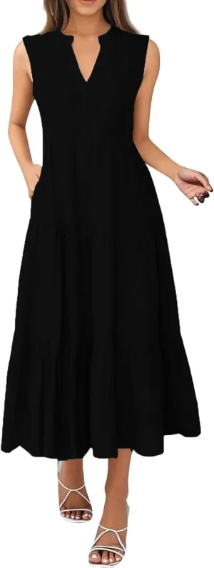 Maxi Dresses for Women 2025 Summer Casual Sleeveless V Neck Dress Trendy Flowy Tiered Beach Vacation Long Sundress