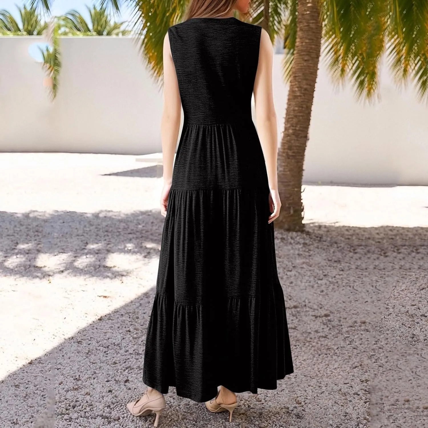 Maxi Dresses for Women 2025 Summer Casual Sleeveless V Neck Dress Trendy Flowy Tiered Beach Vacation Long Sundress