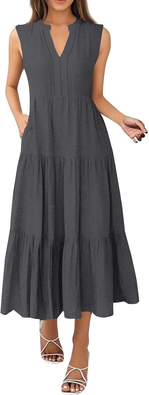 Maxi Dresses for Women 2025 Summer Casual Sleeveless V Neck Dress Trendy Flowy Tiered Beach Vacation Long Sundress