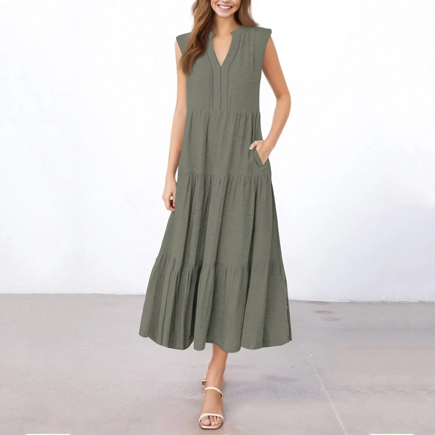 Maxi Dresses for Women 2025 Summer Casual Sleeveless V Neck Dress Trendy Flowy Tiered Beach Vacation Long Sundress