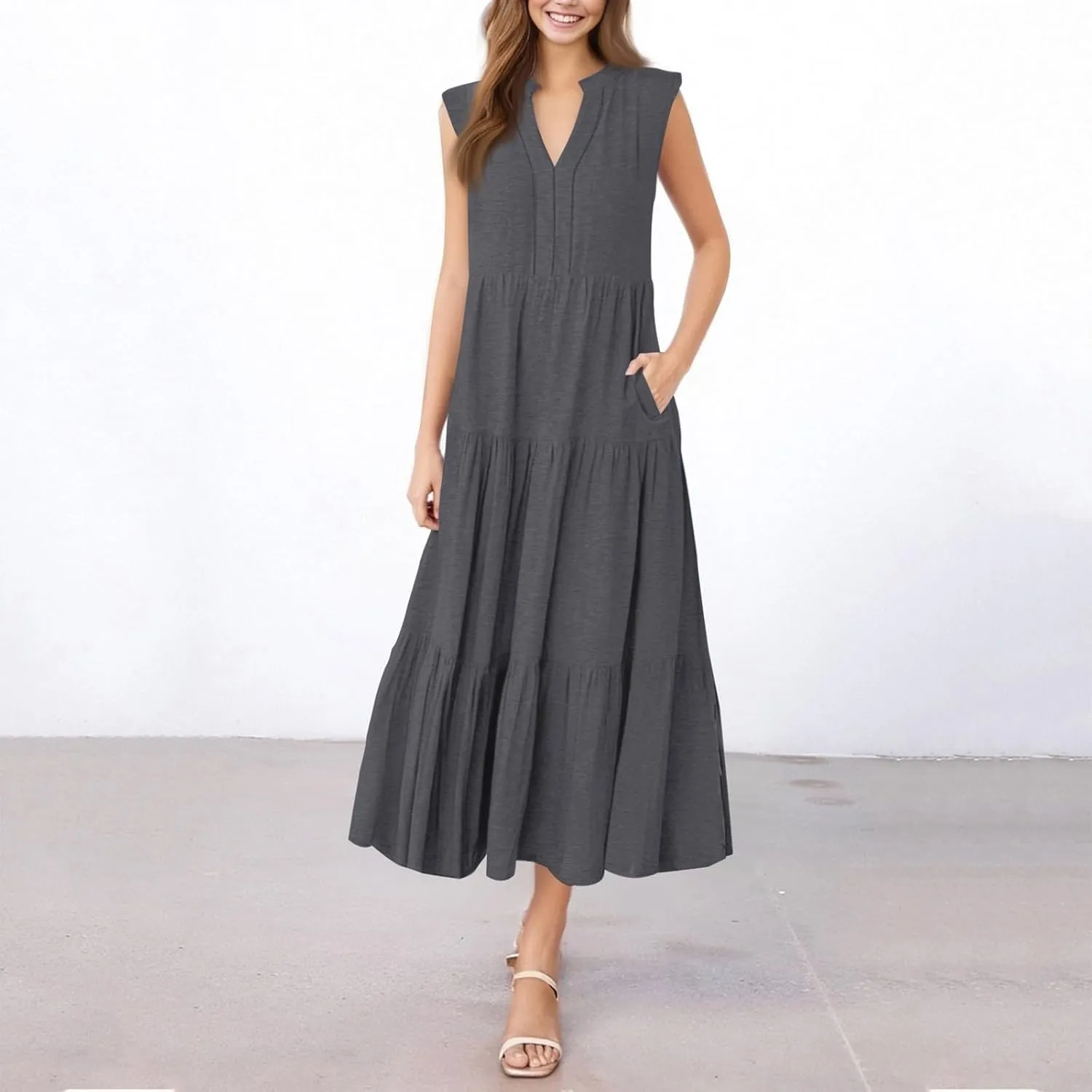 Maxi Dresses for Women 2025 Summer Casual Sleeveless V Neck Dress Trendy Flowy Tiered Beach Vacation Long Sundress