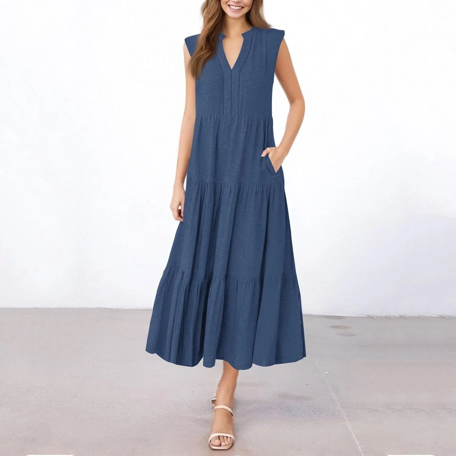 Maxi Dresses for Women 2025 Summer Casual Sleeveless V Neck Dress Trendy Flowy Tiered Beach Vacation Long Sundress