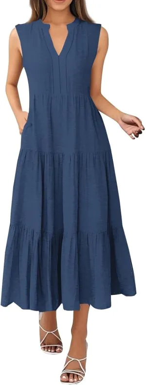 Maxi Dresses for Women 2025 Summer Casual Sleeveless V Neck Dress Trendy Flowy Tiered Beach Vacation Long Sundress