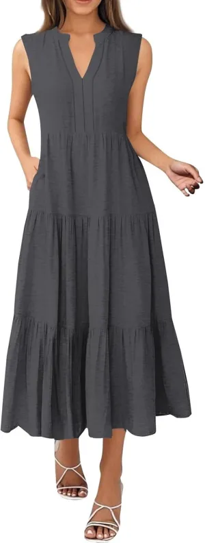 Maxi Dresses for Women 2025 Summer Casual Sleeveless V Neck Dress Trendy Flowy Tiered Beach Vacation Long Sundress