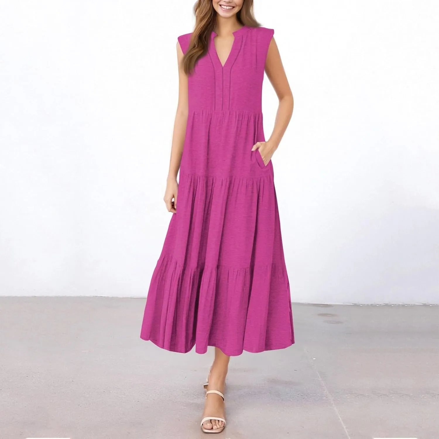 Maxi Dresses for Women 2025 Summer Casual Sleeveless V Neck Dress Trendy Flowy Tiered Beach Vacation Long Sundress