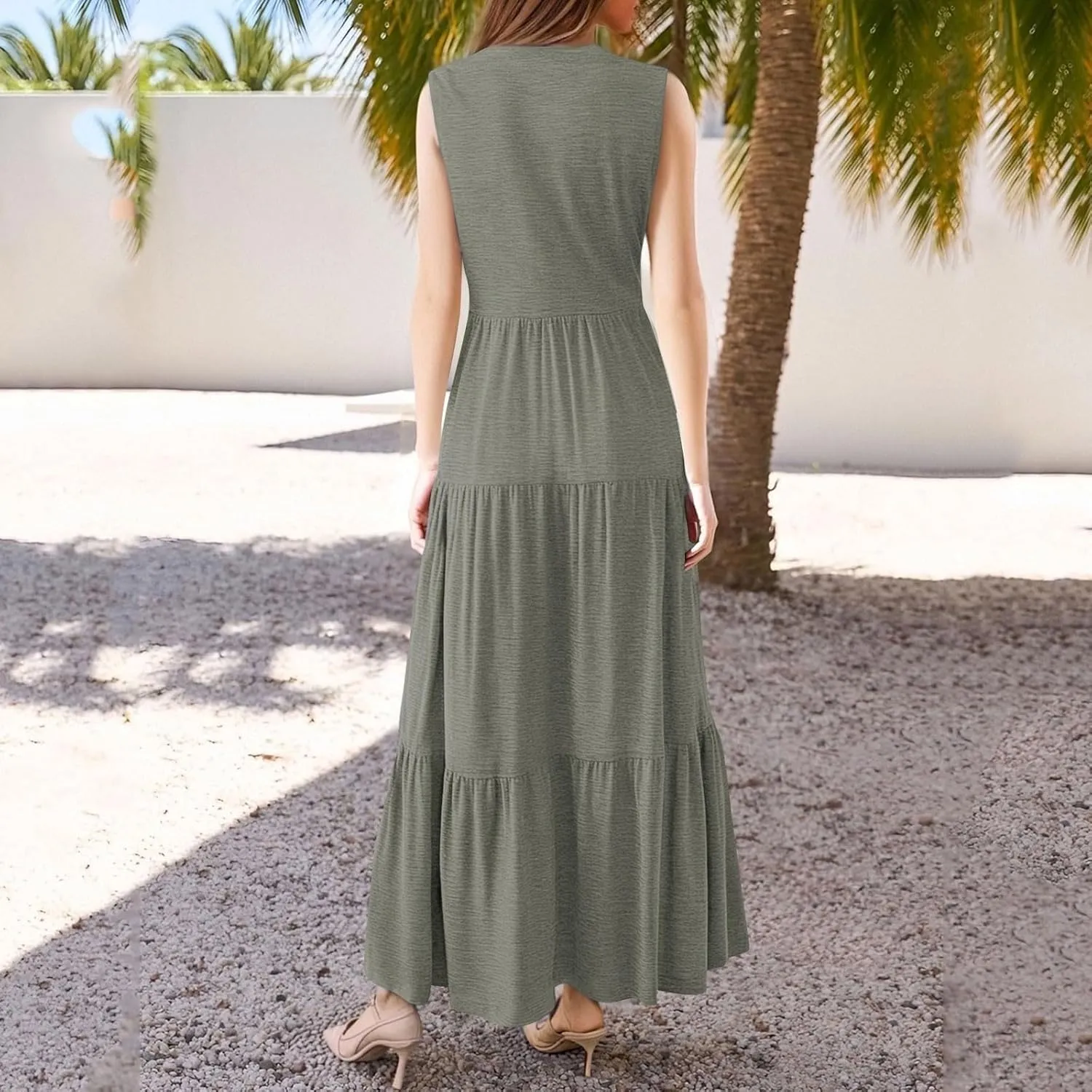 Maxi Dresses for Women 2025 Summer Casual Sleeveless V Neck Dress Trendy Flowy Tiered Beach Vacation Long Sundress