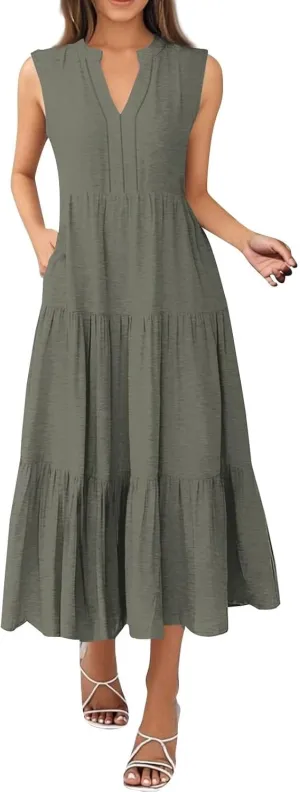 Maxi Dresses for Women 2025 Summer Casual Sleeveless V Neck Dress Trendy Flowy Tiered Beach Vacation Long Sundress