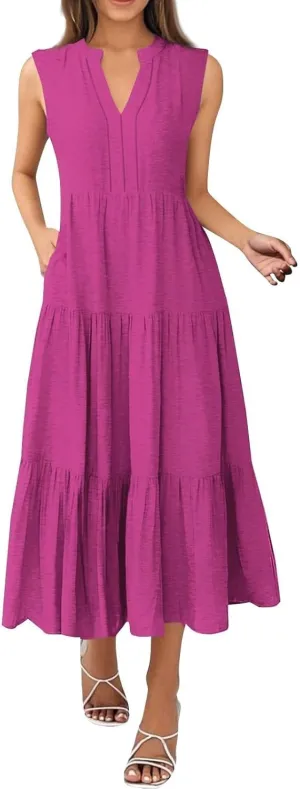 Maxi Dresses for Women 2025 Summer Casual Sleeveless V Neck Dress Trendy Flowy Tiered Beach Vacation Long Sundress
