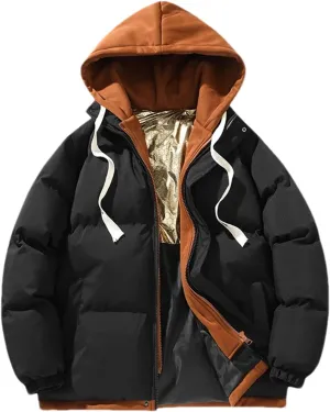 Men Fake Two Drawstring Hooded Cotton-Padded Vintage Thickened Long Sleeve Parka Coat