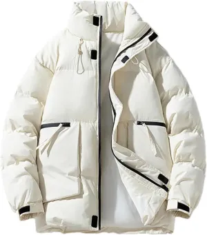 Men Stand Collar Drawstring Zipper Cotton-Padded Vintage Zipper Pockets Solid Parka Coat