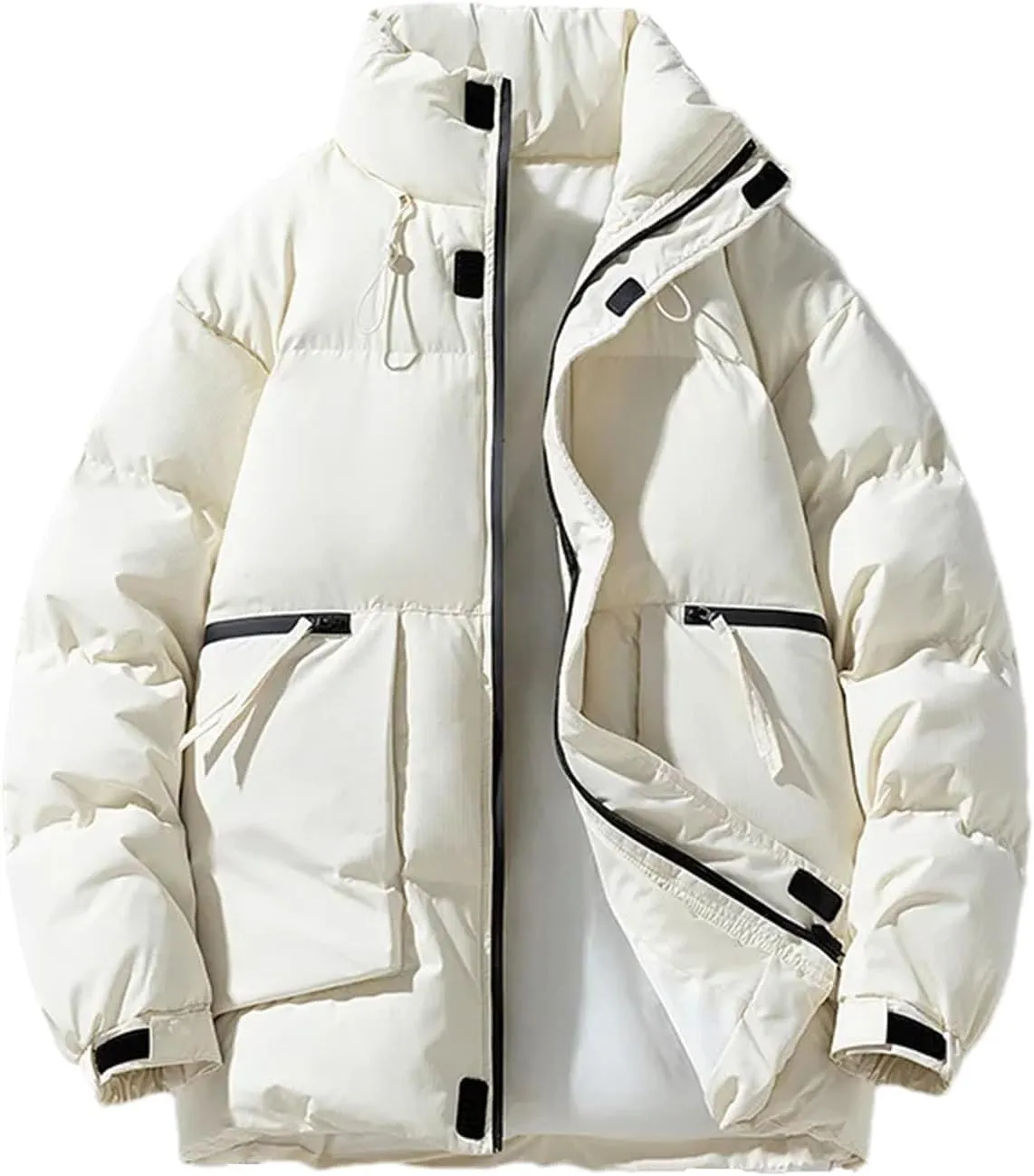 Men Stand Collar Drawstring Zipper Cotton-Padded Vintage Zipper Pockets Solid Parka Coat