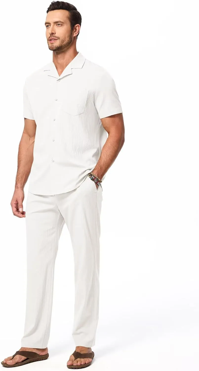 Men's Beach Outfit 2 Piece Casual Button Down Shirt Short Sleeve Loose Shirts and Pants Vacation Sets for Men
