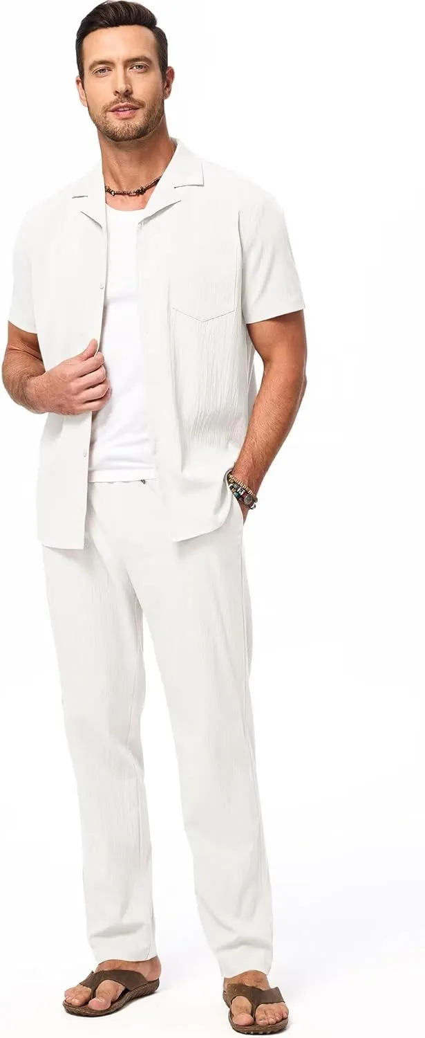 Men's Beach Outfit 2 Piece Casual Button Down Shirt Short Sleeve Loose Shirts and Pants Vacation Sets for Men