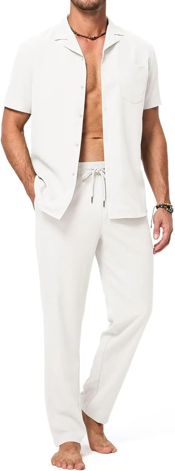 Men's Beach Outfit 2 Piece Casual Button Down Shirt Short Sleeve Loose Shirts and Pants Vacation Sets for Men