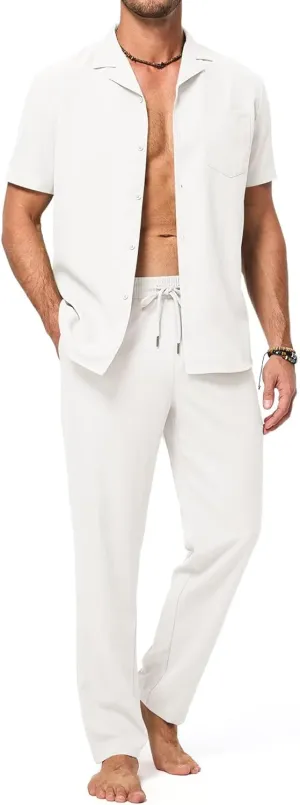 Men's Beach Outfit 2 Piece Casual Button Down Shirt Short Sleeve Loose Shirts and Pants Vacation Sets for Men