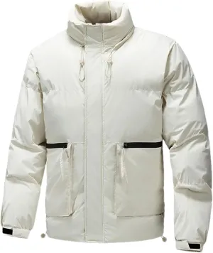 Men's Drawstring Stand-Up Solid Cotton-Padded Vintage Zipper Pockets Parka Coat