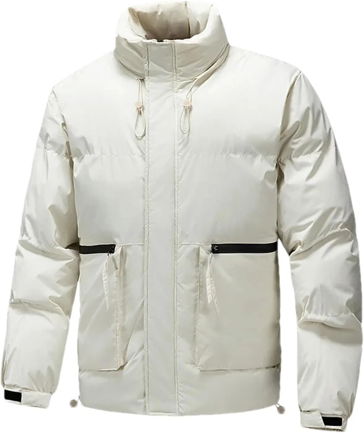 Men's Drawstring Stand-Up Solid Cotton-Padded Vintage Zipper Pockets Parka Coat