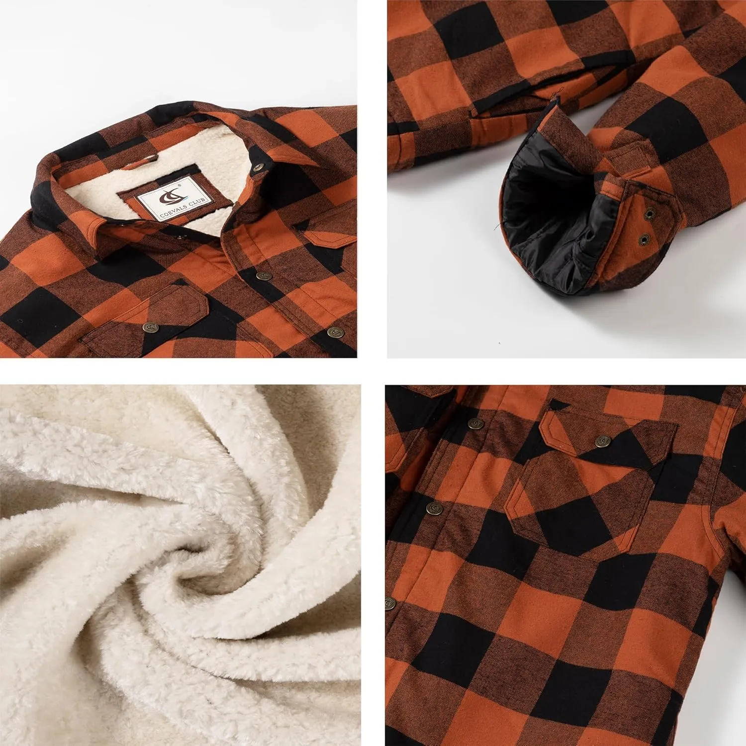 Men's Sherpa Lined Flannel Quilted Jacket Long Sleeve Cotton Button Up Down Jacket Winter Shirts