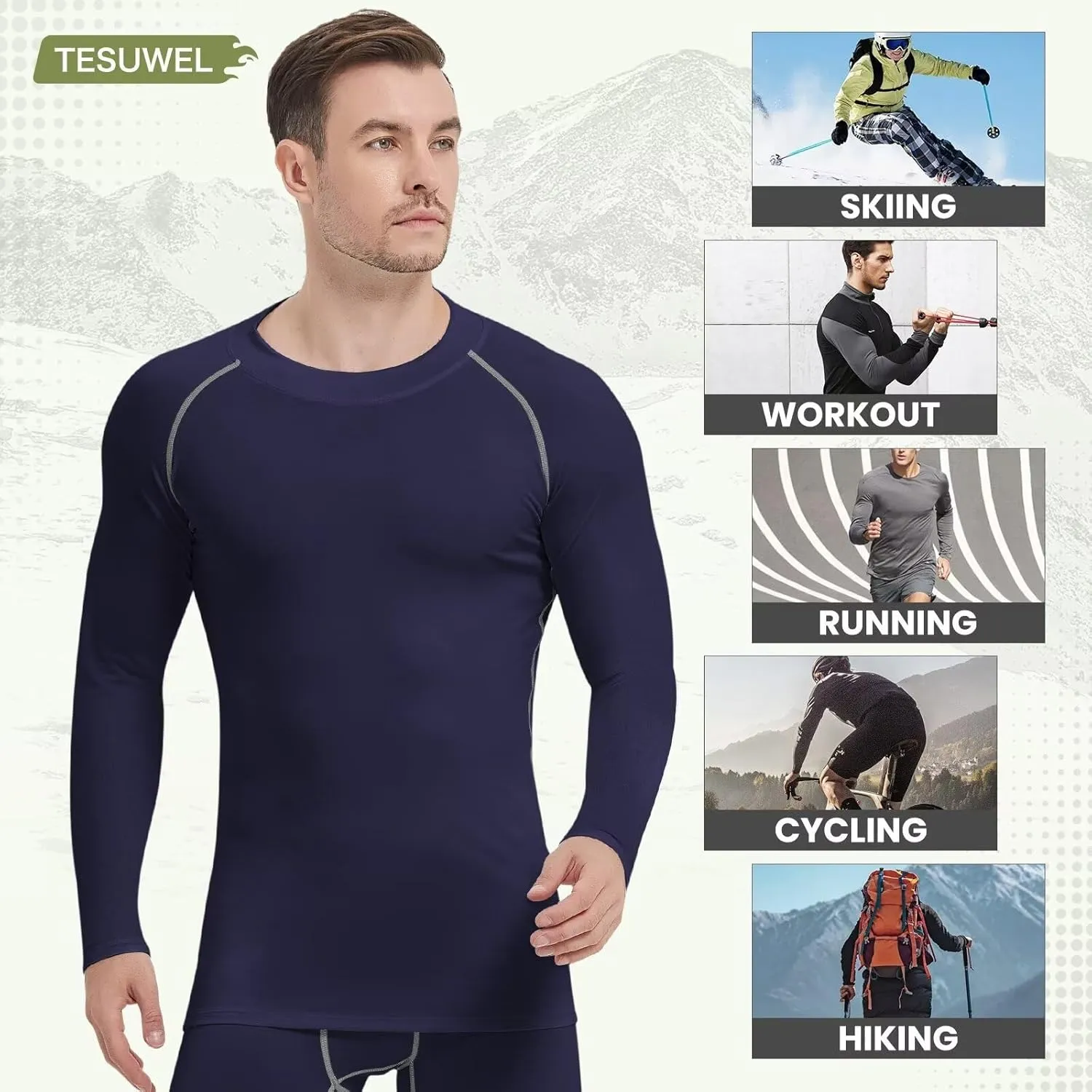Mens Thermal Shirts Long Sleeve UPF 50  Running Cycling Ski Base Layer Top,Sweat Wicking Cool