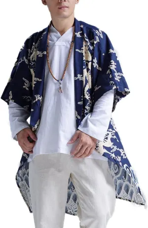 Men's Vintage Open Front Cardigan Coat Cotton Linen Blends Long Trench Shirt Coat with Dragon Print
