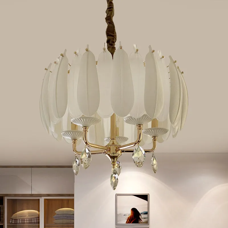 Minimalist Crystal Pendant Chandelier with 5 Bulbs for Bedroom - White Glass and Ceramic Feather Accent