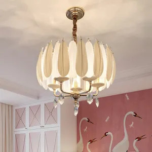 Minimalist Crystal Pendant Chandelier with 5 Bulbs for Bedroom - White Glass and Ceramic Feather Accent