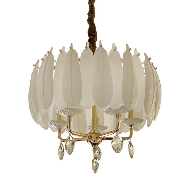 Minimalist Crystal Pendant Chandelier with 5 Bulbs for Bedroom - White Glass and Ceramic Feather Accent