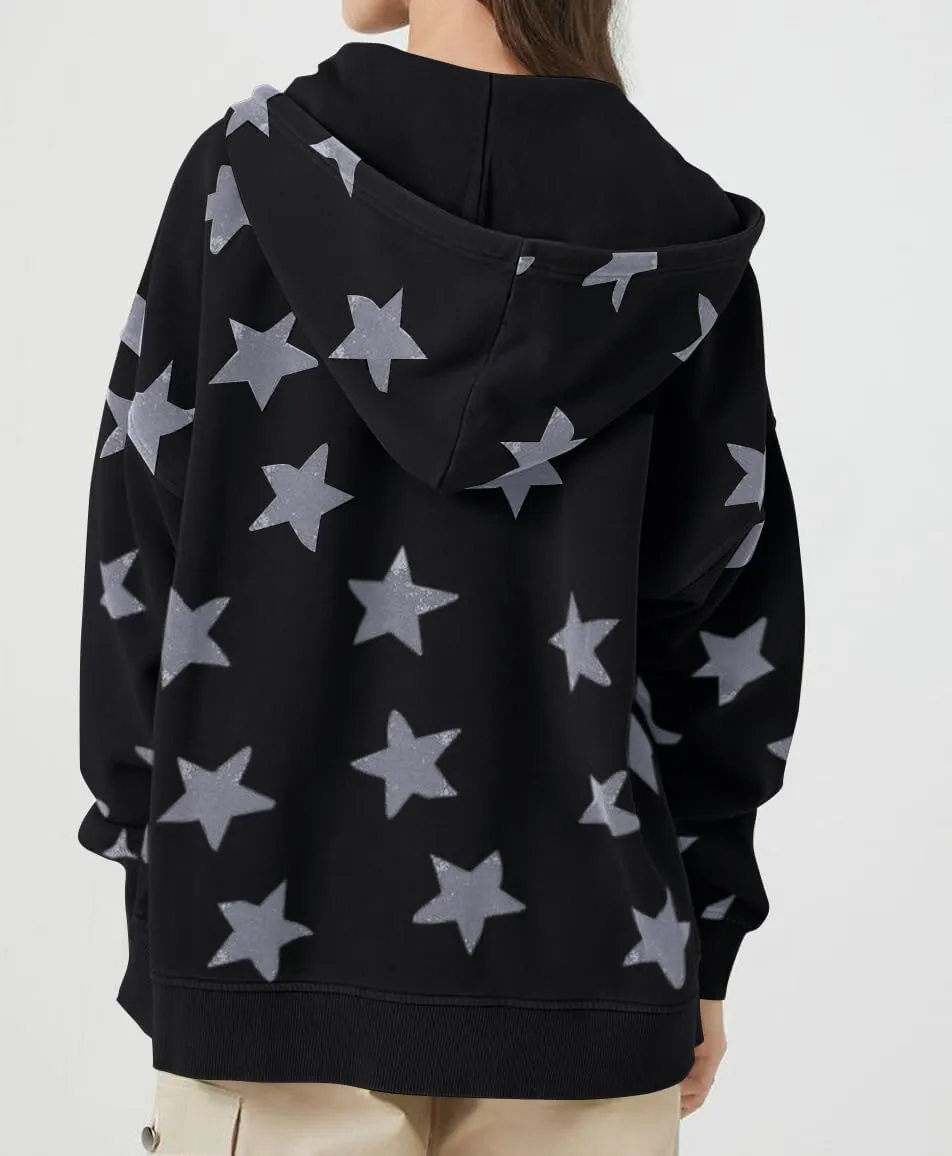 MISSACTIVER Women Star Graphic Zip Up Hoodies Y2k Drawstring Star Print Sweatshirt Oversized Jackets with Slant Front Pocket