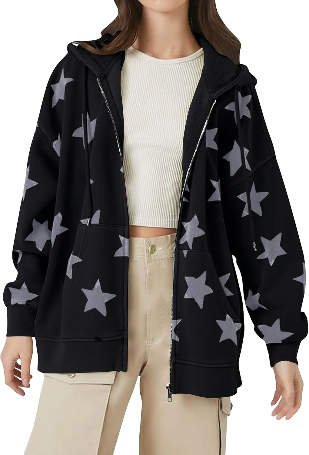 MISSACTIVER Women Star Graphic Zip Up Hoodies Y2k Drawstring Star Print Sweatshirt Oversized Jackets with Slant Front Pocket