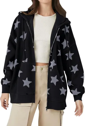 MISSACTIVER Women Star Graphic Zip Up Hoodies Y2k Drawstring Star Print Sweatshirt Oversized Jackets with Slant Front Pocket