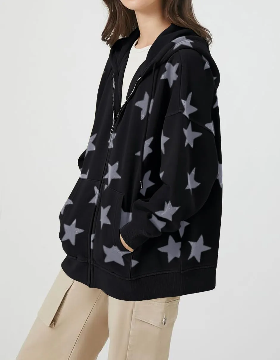 MISSACTIVER Women Star Graphic Zip Up Hoodies Y2k Drawstring Star Print Sweatshirt Oversized Jackets with Slant Front Pocket