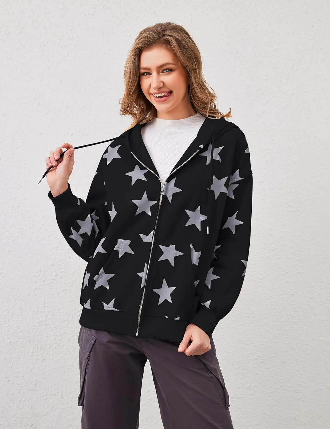 MISSACTIVER Women Star Graphic Zip Up Hoodies Y2k Drawstring Star Print Sweatshirt Oversized Jackets with Slant Front Pocket
