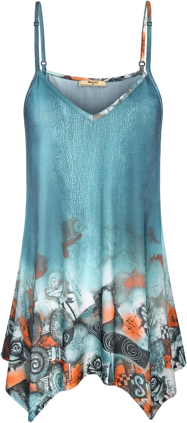 Miusey Womens Handkerchief Hem Sleeveless Flowy Tunic Tops Summer Casual Adjustable Spaghetti Strap Camisoles Long Tank Tops