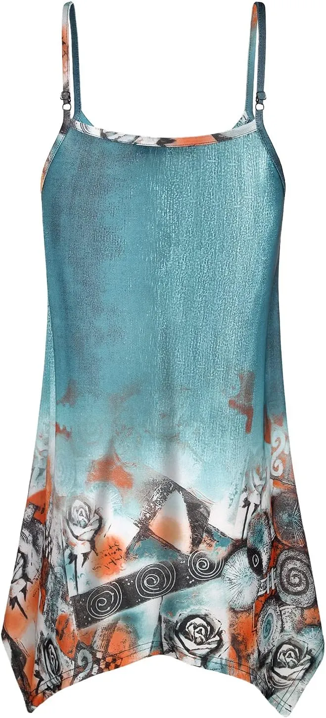 Miusey Womens Handkerchief Hem Sleeveless Flowy Tunic Tops Summer Casual Adjustable Spaghetti Strap Camisoles Long Tank Tops