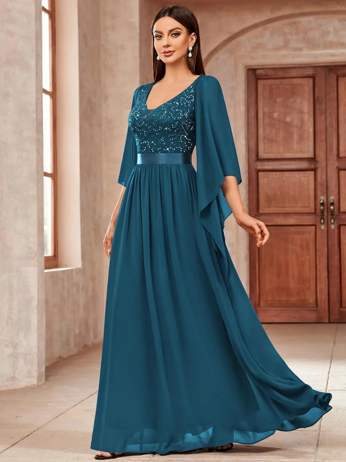 Miusol Women's Deep-V Neck Lace Contrast Sequin 3/4 Sleeve Formal Evening Maxi Dress