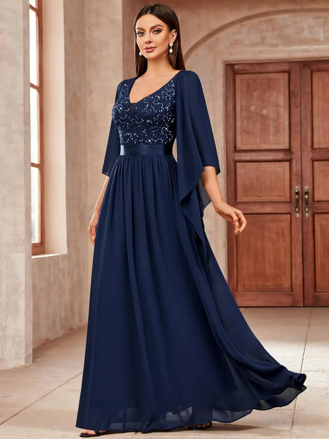 Miusol Women's Deep-V Neck Lace Contrast Sequin 3/4 Sleeve Formal Evening Maxi Dress