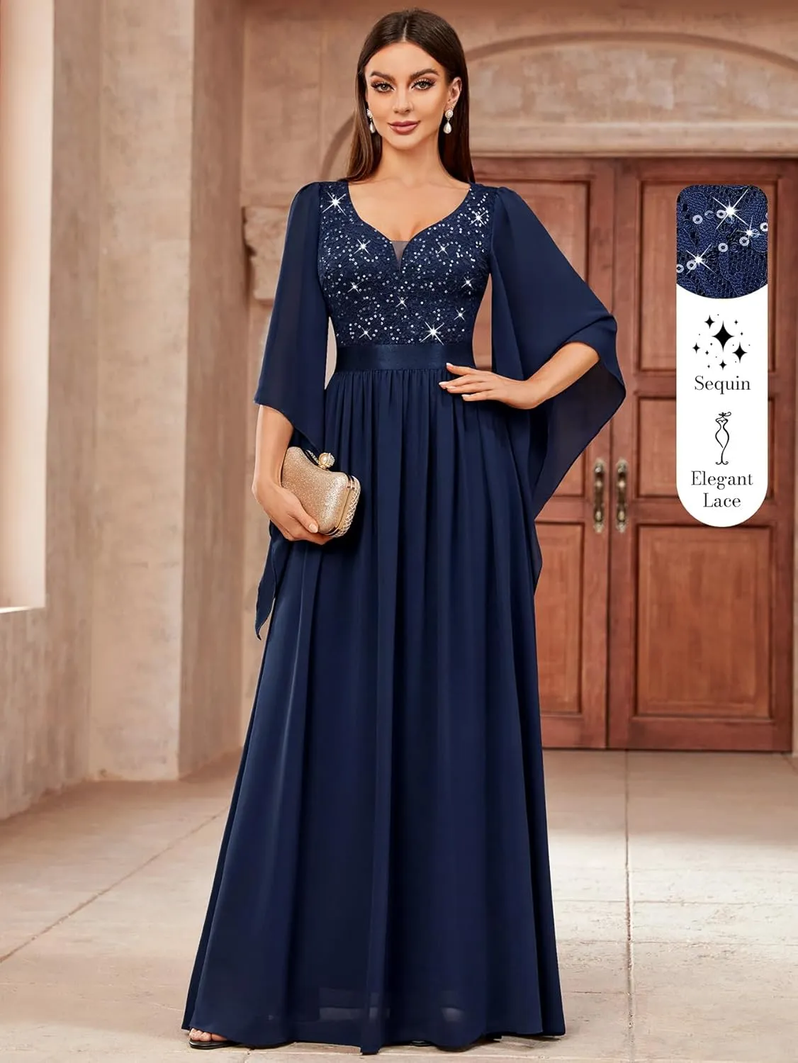 Miusol Women's Deep-V Neck Lace Contrast Sequin 3/4 Sleeve Formal Evening Maxi Dress