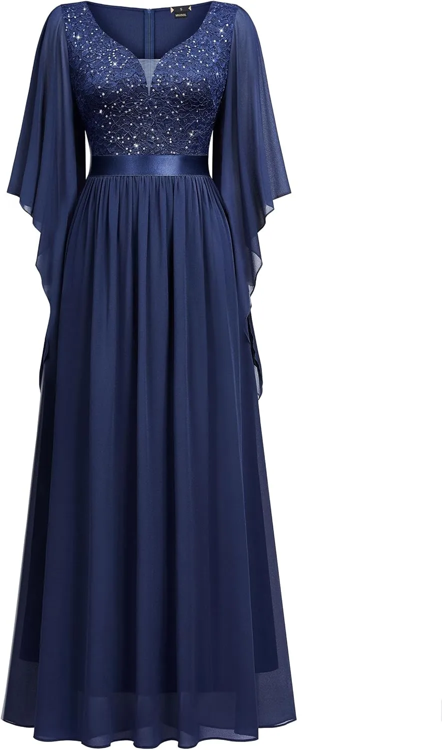 Miusol Women's Deep-V Neck Lace Contrast Sequin 3/4 Sleeve Formal Evening Maxi Dress