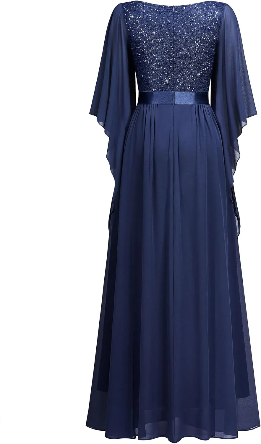 Miusol Women's Deep-V Neck Lace Contrast Sequin 3/4 Sleeve Formal Evening Maxi Dress