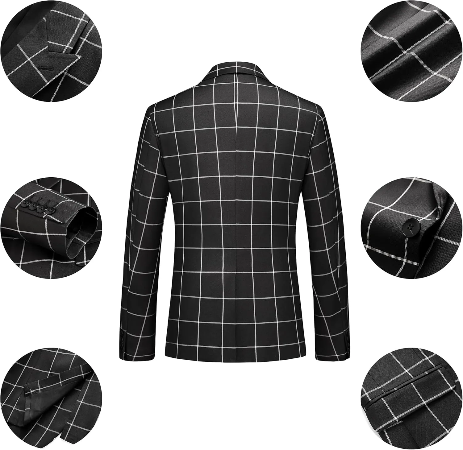 MOGU Mens 3 Piece Slim Fit Plaid Suit Blazer Jacket Vest Pants