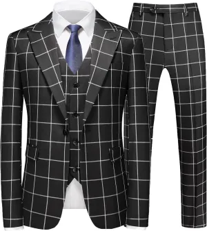 MOGU Mens 3 Piece Slim Fit Plaid Suit Blazer Jacket Vest Pants
