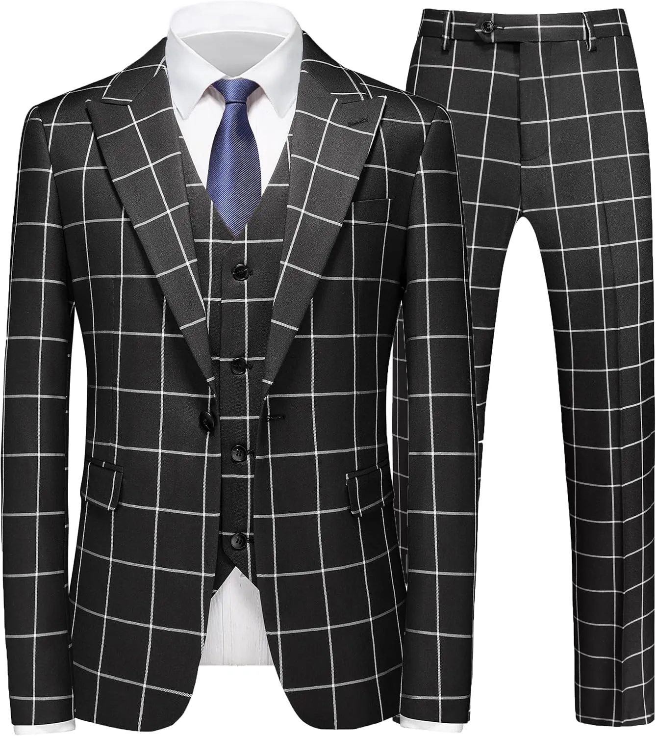 MOGU Mens 3 Piece Slim Fit Plaid Suit Blazer Jacket Vest Pants