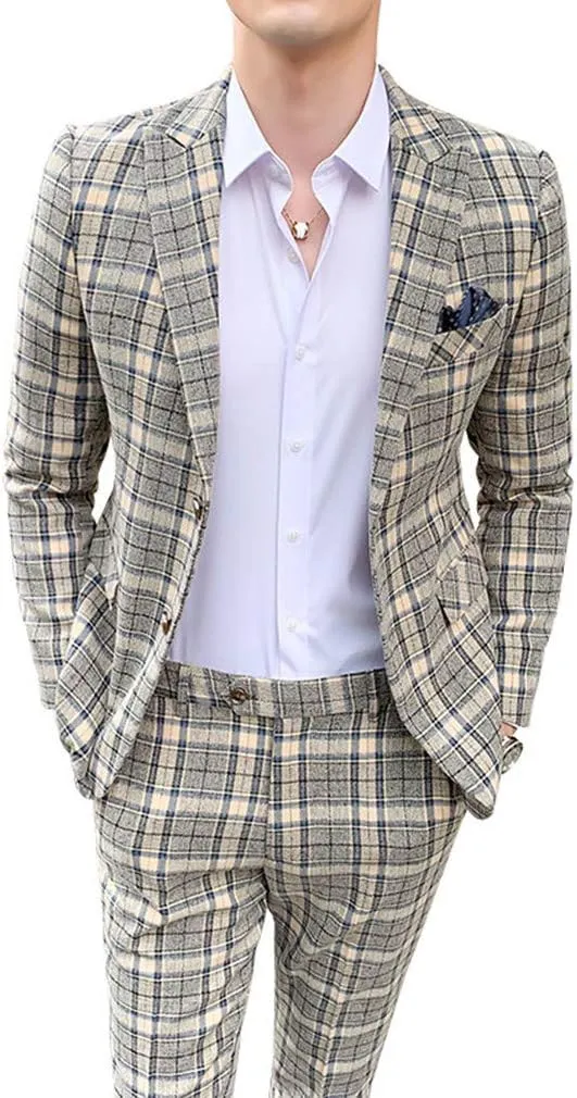 MOGU Mens Three Piece Slim Fit Plaid Suit Blazer Jacket Vest Pants