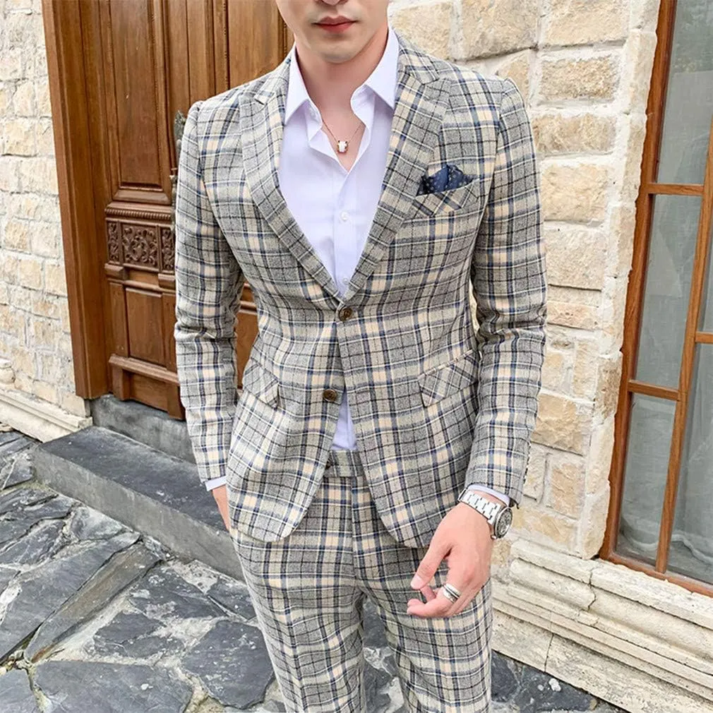 MOGU Mens Three Piece Slim Fit Plaid Suit Blazer Jacket Vest Pants